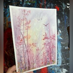 Original Sunset Landscape Painting Art watercolor Birds Decor artwork Artettina